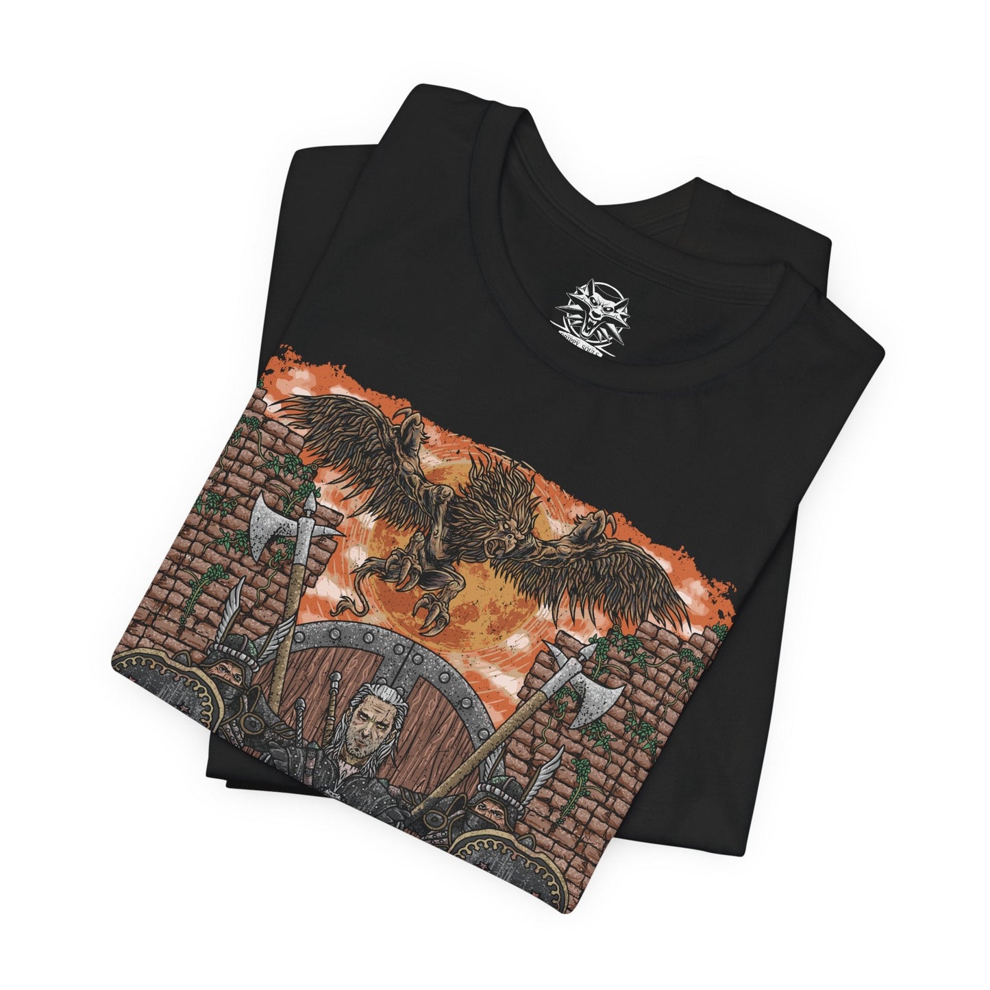 Image 5 of a T-shirt design of the Beast of White Orchard from The Witcher 3, the fearsome griffin terrorizing the war-torn countryside under Nilfgaardian occupation. With torn wings spread wide and talons sunk into blood-soaked ground, the monster looms over abandoned fields and broken banners. The design reflects the chaos of war, the suffering of civilians, and Geralt’s first contract amid Nilfgaard’s advancing shadow.