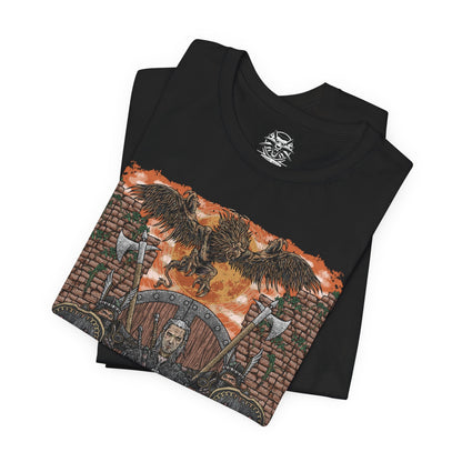 Image 5 of a T-shirt design of the Beast of White Orchard from The Witcher 3, the fearsome griffin terrorizing the war-torn countryside under Nilfgaardian occupation. With torn wings spread wide and talons sunk into blood-soaked ground, the monster looms over abandoned fields and broken banners. The design reflects the chaos of war, the suffering of civilians, and Geralt’s first contract amid Nilfgaard’s advancing shadow.