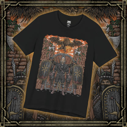 Thumbnail of a T-shirt design of the Beast of White Orchard from The Witcher 3, the fearsome griffin terrorizing the war-torn countryside under Nilfgaardian occupation. With torn wings spread wide and talons sunk into blood-soaked ground, the monster looms over abandoned fields and broken banners. The design reflects the chaos of war, the suffering of civilians, and Geralt’s first contract amid Nilfgaard’s advancing shadow.