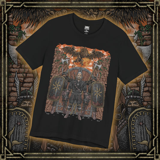 Thumbnail of a T-shirt design of the Beast of White Orchard from The Witcher 3, the fearsome griffin terrorizing the war-torn countryside under Nilfgaardian occupation. With torn wings spread wide and talons sunk into blood-soaked ground, the monster looms over abandoned fields and broken banners. The design reflects the chaos of war, the suffering of civilians, and Geralt’s first contract amid Nilfgaard’s advancing shadow.