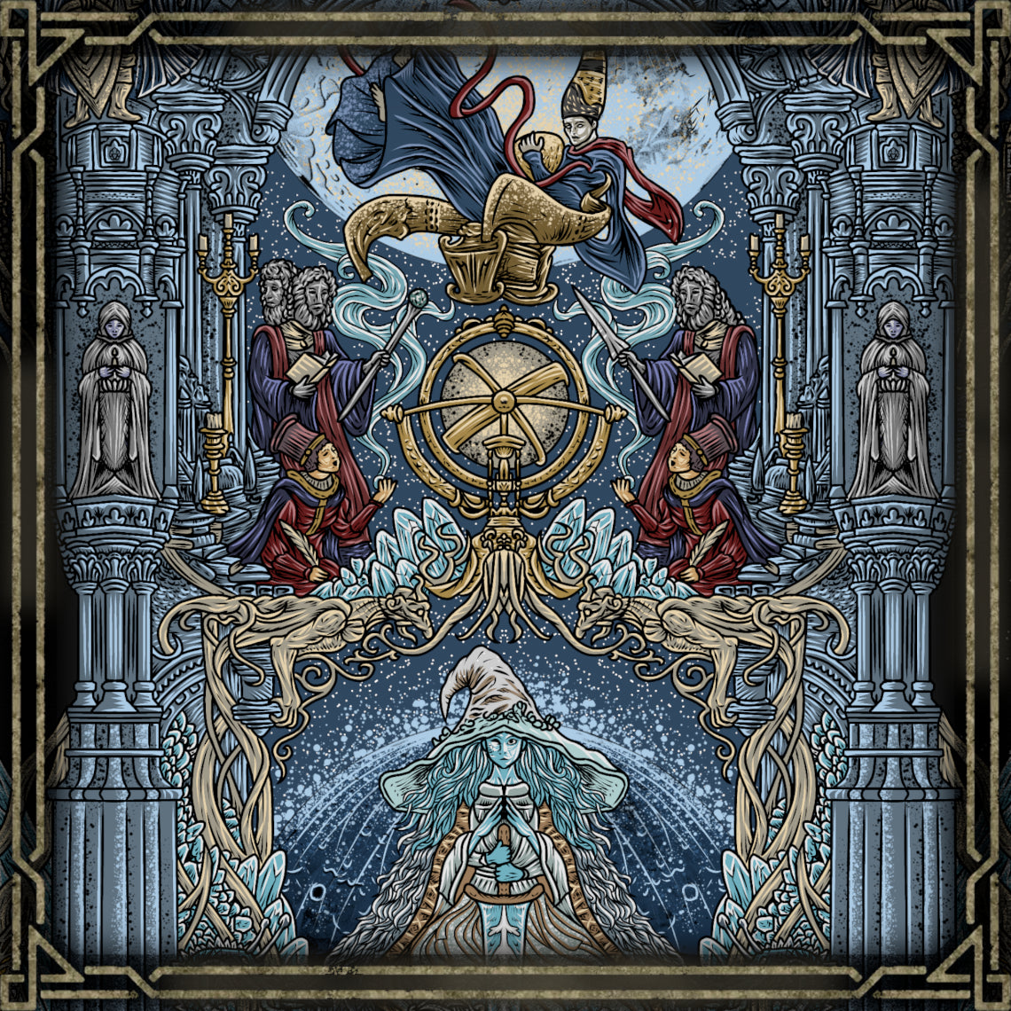 Concept Art of The Carian Dynasty of Raya Lucaria. The fate of Raya Lucaria intertwines with Rennala’s sorrow, Ranni’s rebellion, and Astel’s cosmic intrusion. From moonlit spellcraft to fractured royalty, their stories reveal how knowledge and ambition can fracture reality itself. Astel’s presence beneath the world stands as proof that the pursuit of celestial power can awaken beings far beyond mortal comprehension.