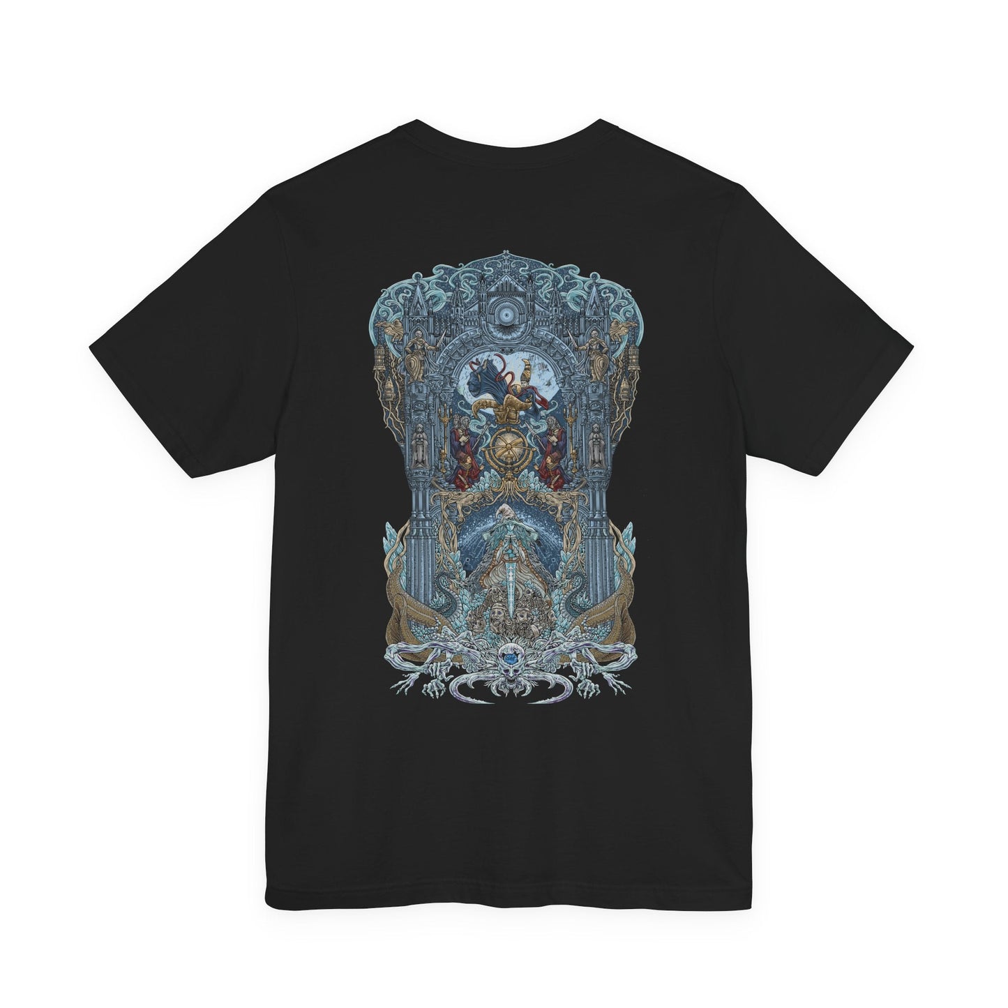 Image 5 of a T-shirt artwork depicting Ranni and Rennala framed by the gothic towers of Raya Lucaria as cosmic energy splits the heavens. Astel’s monstrous silhouette drifts through a void-rent sky, symbolizing the academy’s obsession with glintstone and forbidden astrology. This design reflects fractured family bonds, fallen scholarly ambition, and the outer horrors lurking beyond the Lands Between.