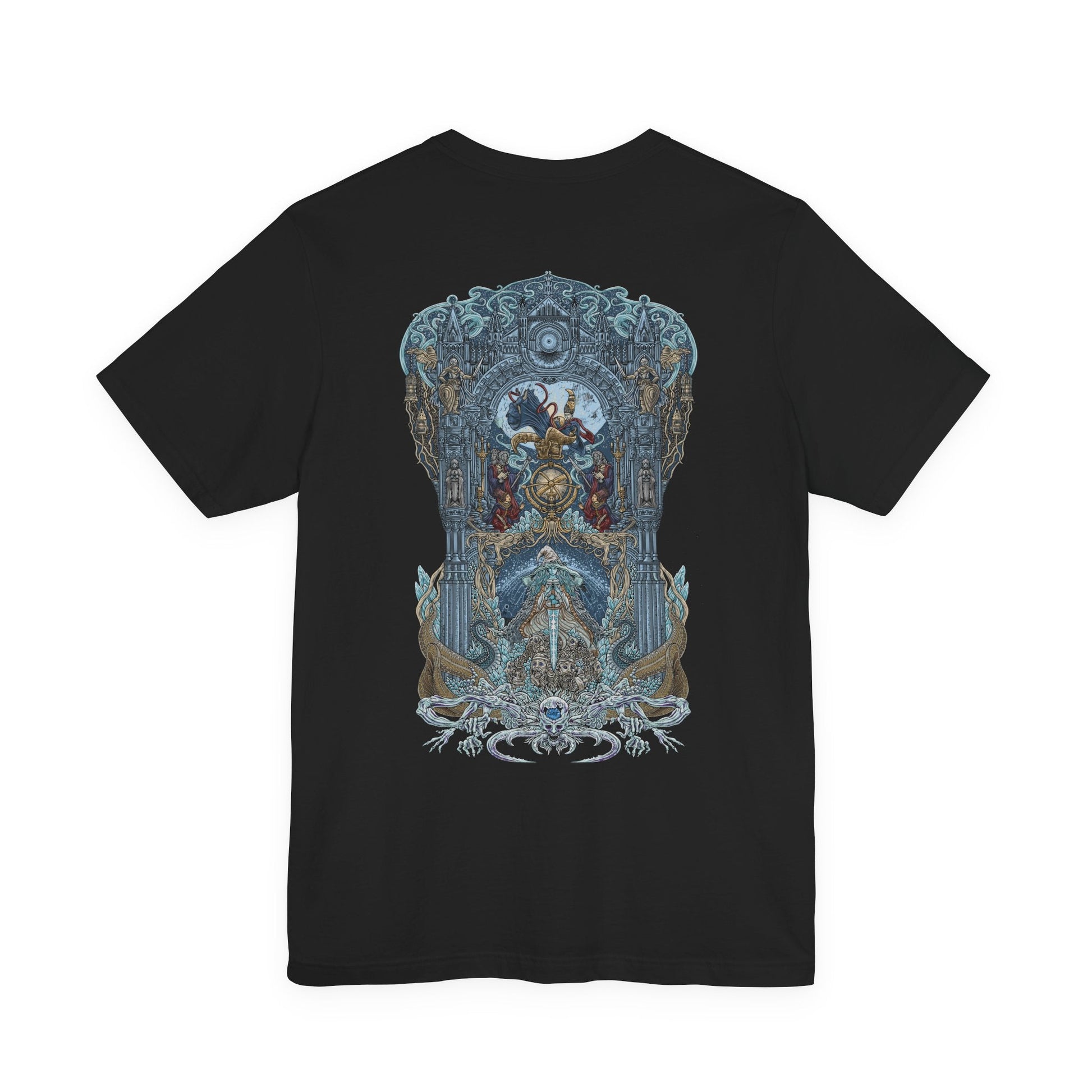 Image 5 of a T-shirt artwork depicting Ranni and Rennala framed by the gothic towers of Raya Lucaria as cosmic energy splits the heavens. Astel’s monstrous silhouette drifts through a void-rent sky, symbolizing the academy’s obsession with glintstone and forbidden astrology. This design reflects fractured family bonds, fallen scholarly ambition, and the outer horrors lurking beyond the Lands Between.