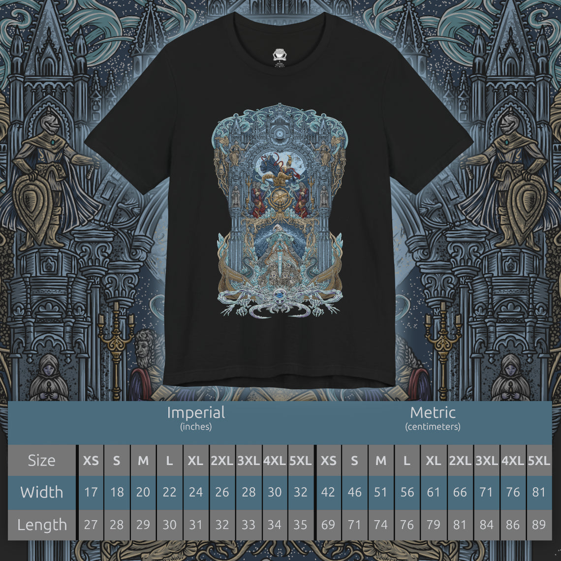 Size chart of a T-shirt artwork depicting Ranni and Rennala framed by the gothic towers of Raya Lucaria as cosmic energy splits the heavens. Astel’s monstrous silhouette drifts through a void-rent sky, symbolizing the academy’s obsession with glintstone and forbidden astrology. This design reflects fractured family bonds, fallen scholarly ambition, and the outer horrors lurking beyond the Lands Between.