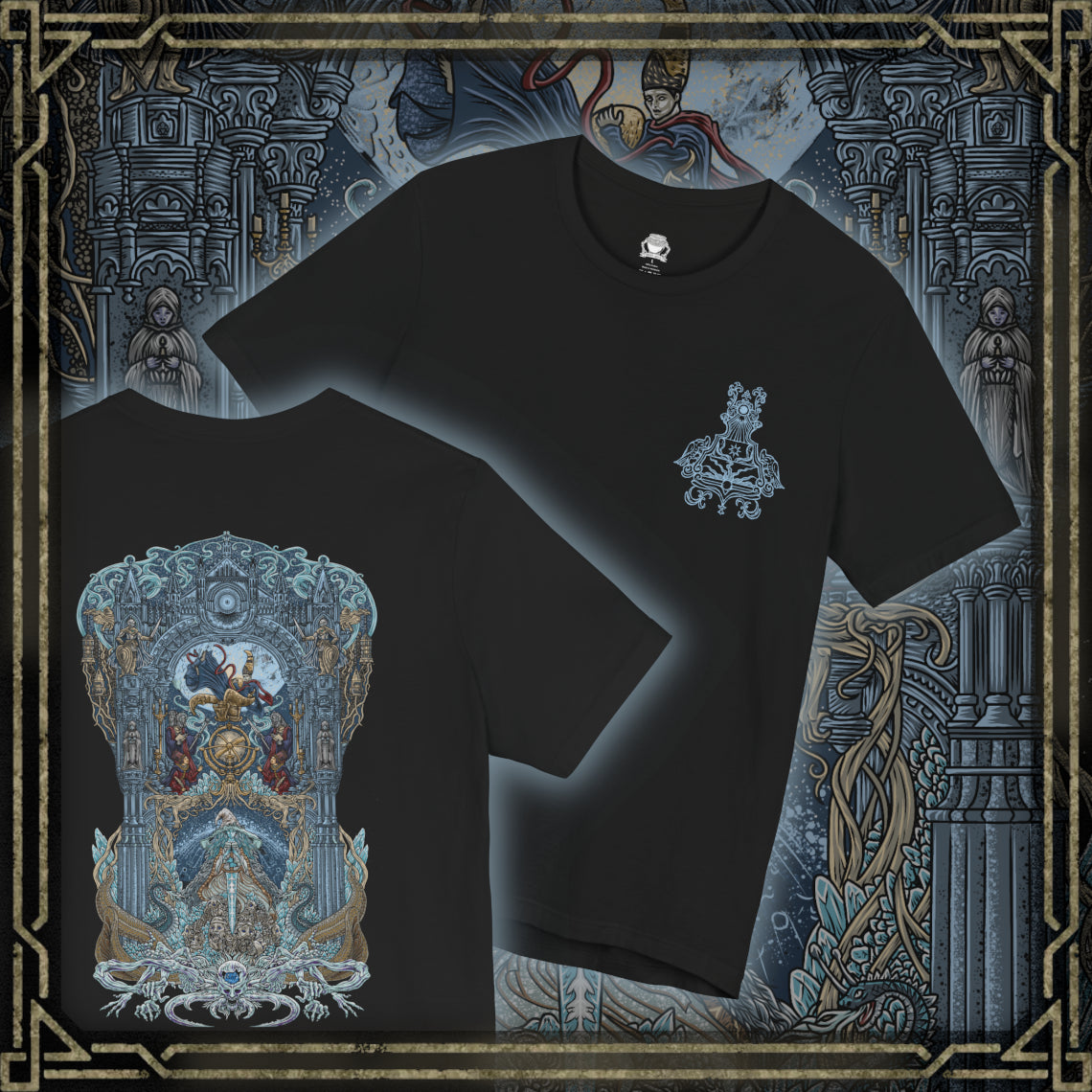 Thumbnail of a T-shirt artwork depicting Ranni and Rennala framed by the gothic towers of Raya Lucaria as cosmic energy splits the heavens. Astel’s monstrous silhouette drifts through a void-rent sky, symbolizing the academy’s obsession with glintstone and forbidden astrology. This design reflects fractured family bonds, fallen scholarly ambition, and the outer horrors lurking beyond the Lands Between.
