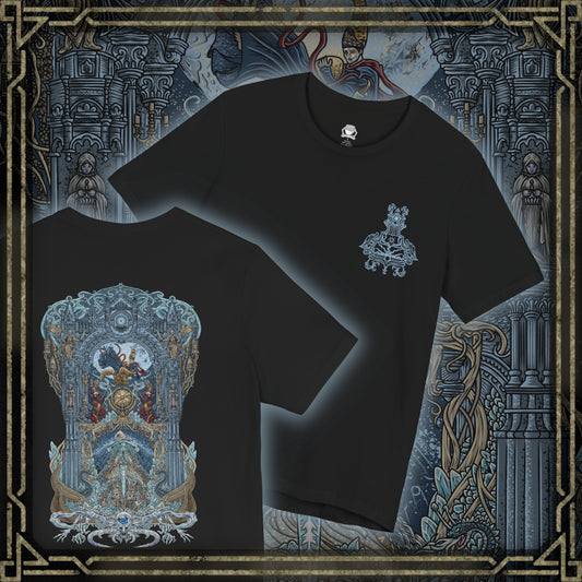 Thumbnail of a T-shirt artwork depicting Ranni and Rennala framed by the gothic towers of Raya Lucaria as cosmic energy splits the heavens. Astel’s monstrous silhouette drifts through a void-rent sky, symbolizing the academy’s obsession with glintstone and forbidden astrology. This design reflects fractured family bonds, fallen scholarly ambition, and the outer horrors lurking beyond the Lands Between.