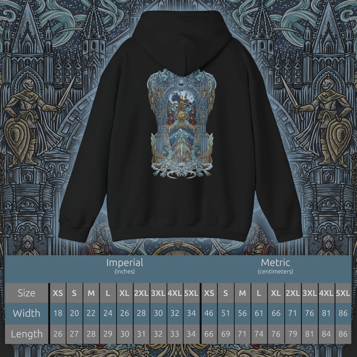 Size chart of a Hooded Sweatshirt illustration of the moonlit spires of Raya Lucaria rising beneath swirling nebulae while Ranni the Witch and Queen Rennala stand divided by fate. Above them, Astel descends like an eldritch comet, embodying the catastrophic cost of celestial experimentation. The composition emphasizes magic, madness, destiny, and the cosmic terror shaping Elden Ring’s arcane legacy.