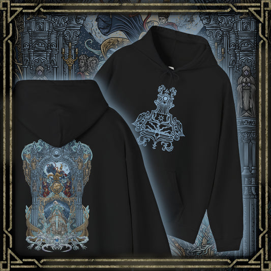 Thumbnail of a Hooded Sweatshirt illustration of the moonlit spires of Raya Lucaria rising beneath swirling nebulae while Ranni the Witch and Queen Rennala stand divided by fate. Above them, Astel descends like an eldritch comet, embodying the catastrophic cost of celestial experimentation. The composition emphasizes magic, madness, destiny, and the cosmic terror shaping Elden Ring’s arcane legacy.