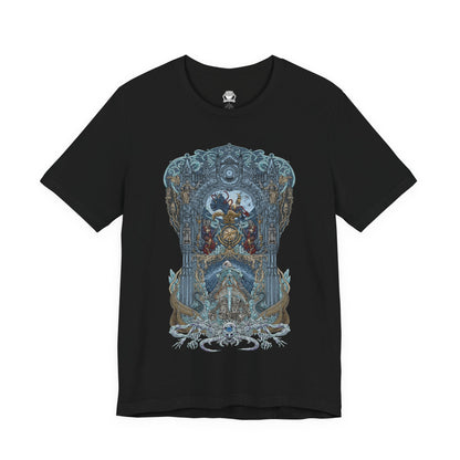 Image 4 of a T-shirt design of Raya Lucaria Academy beneath a star-filled sky, featuring Ranni the Witch observing from the shadows while Queen Rennala presides over her lunar throne. Astel, Naturalborn of the Void, coils within the cosmos above, its alien form glowing with voidlight. The design captures celestial sorcery, shattered royalty, and the terrifying mysteries hidden beneath the academy’s pursuit of the stars.