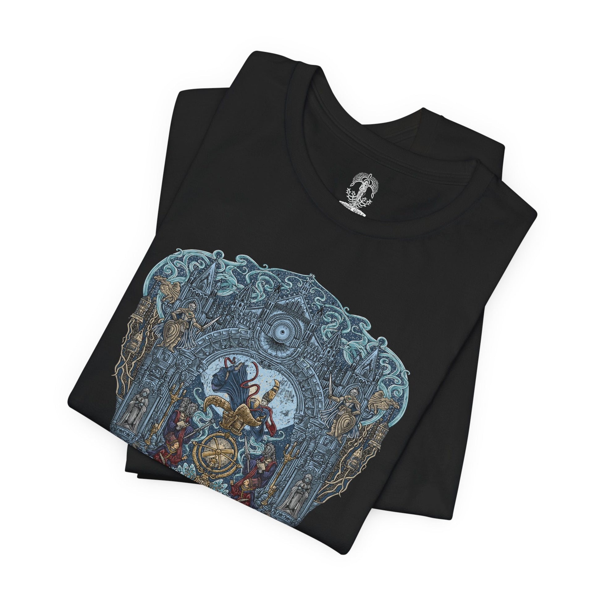 Image 5 of a T-shirt design of Raya Lucaria Academy beneath a star-filled sky, featuring Ranni the Witch observing from the shadows while Queen Rennala presides over her lunar throne. Astel, Naturalborn of the Void, coils within the cosmos above, its alien form glowing with voidlight. The design captures celestial sorcery, shattered royalty, and the terrifying mysteries hidden beneath the academy’s pursuit of the stars.