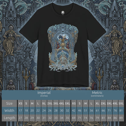 Size chart of a T-shirt design of Raya Lucaria Academy beneath a star-filled sky, featuring Ranni the Witch observing from the shadows while Queen Rennala presides over her lunar throne. Astel, Naturalborn of the Void, coils within the cosmos above, its alien form glowing with voidlight. The design captures celestial sorcery, shattered royalty, and the terrifying mysteries hidden beneath the academy’s pursuit of the stars.