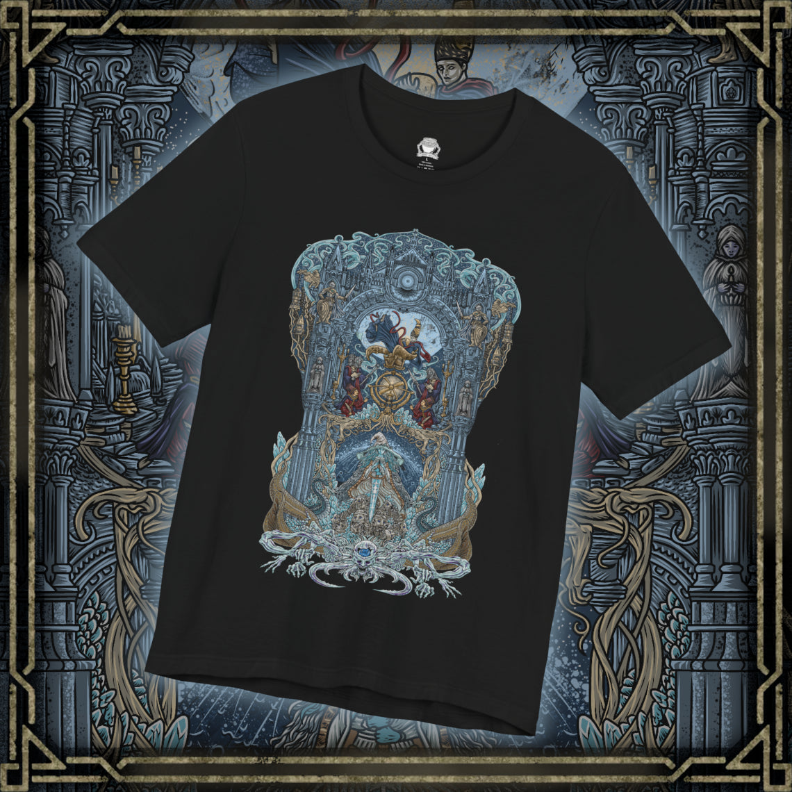 Thumbnail of a T-shirt design of Raya Lucaria Academy beneath a star-filled sky, featuring Ranni the Witch observing from the shadows while Queen Rennala presides over her lunar throne. Astel, Naturalborn of the Void, coils within the cosmos above, its alien form glowing with voidlight. The design captures celestial sorcery, shattered royalty, and the terrifying mysteries hidden beneath the academy’s pursuit of the stars.