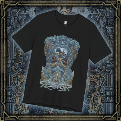 Thumbnail of a T-shirt design of Raya Lucaria Academy beneath a star-filled sky, featuring Ranni the Witch observing from the shadows while Queen Rennala presides over her lunar throne. Astel, Naturalborn of the Void, coils within the cosmos above, its alien form glowing with voidlight. The design captures celestial sorcery, shattered royalty, and the terrifying mysteries hidden beneath the academy’s pursuit of the stars.