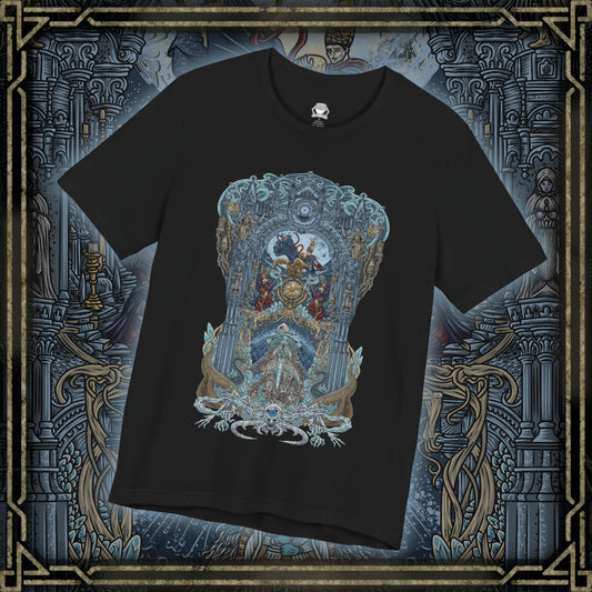 Thumbnail of a T-shirt design of Raya Lucaria Academy beneath a star-filled sky, featuring Ranni the Witch observing from the shadows while Queen Rennala presides over her lunar throne. Astel, Naturalborn of the Void, coils within the cosmos above, its alien form glowing with voidlight. The design captures celestial sorcery, shattered royalty, and the terrifying mysteries hidden beneath the academy’s pursuit of the stars.