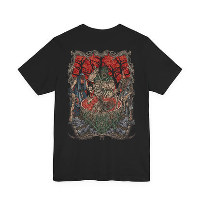 Image 5 of a T-shirt artwork depicting the Ladies of the Wood lurking within the fog of Crookback Bog, their malformed bodies adorned with animal skulls, stitched skin, and decay. Worshipped as goddesses yet feeding on suffering, the Crones embody manipulation, hunger, and ancient evil. This design reflects the grim folklore and moral horror at the heart of The Witcher 3.