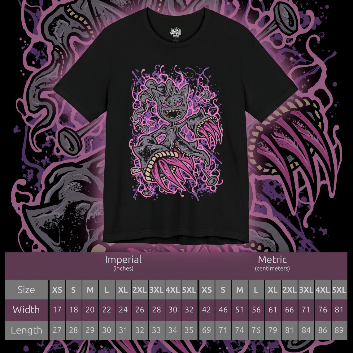 Size chart of a T-shirt artwork depicting Mega Banette hovering in a moonlit alley, its stitched limbs stretched unnaturally as dark aura swirls from its unzipped torso. The piercing gaze and chaotic energy emphasize its transformation through Mega Evolution, where suppressed hatred becomes overwhelming power. This design reflects haunting presence, supernatural intensity, and the terrifying charm of ghost-type Pokémon.
