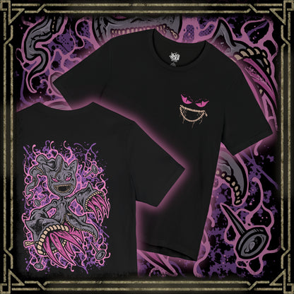 Thumbnail of a T-shirt artwork depicting Mega Banette hovering in a moonlit alley, its stitched limbs stretched unnaturally as dark aura swirls from its unzipped torso. The piercing gaze and chaotic energy emphasize its transformation through Mega Evolution, where suppressed hatred becomes overwhelming power. This design reflects haunting presence, supernatural intensity, and the terrifying charm of ghost-type Pokémon.