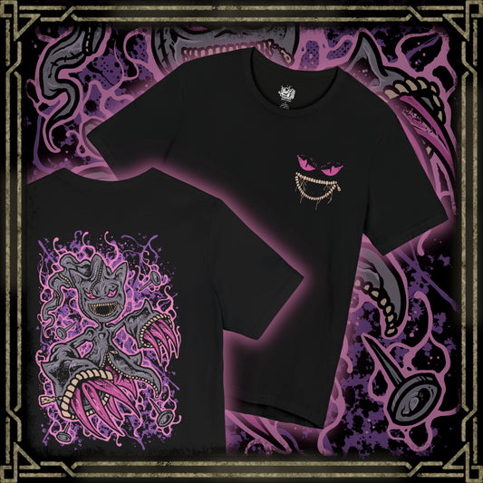 Thumbnail of a T-shirt artwork depicting Mega Banette hovering in a moonlit alley, its stitched limbs stretched unnaturally as dark aura swirls from its unzipped torso. The piercing gaze and chaotic energy emphasize its transformation through Mega Evolution, where suppressed hatred becomes overwhelming power. This design reflects haunting presence, supernatural intensity, and the terrifying charm of ghost-type Pokémon.