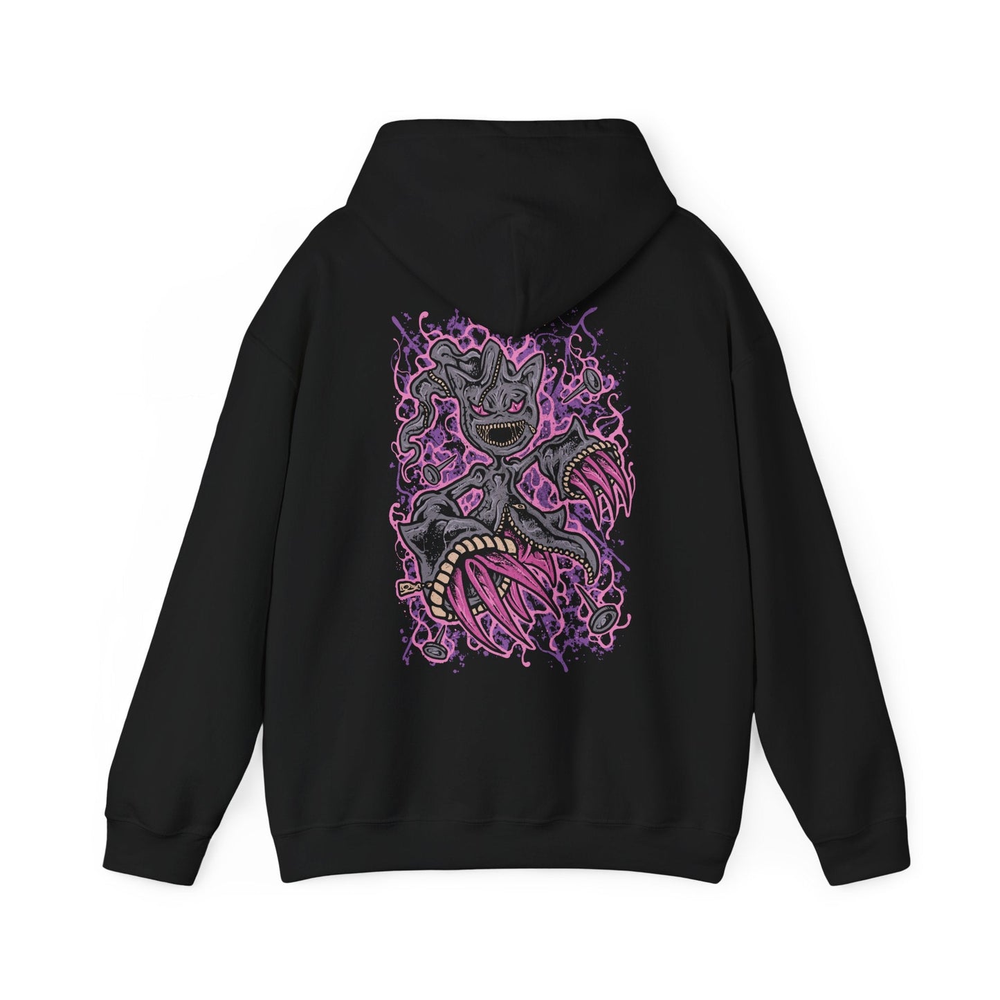 Image 5 of a Hooded Sweatshirt of Mega Banette floating against a stormy night sky, zipper jaw opened wide as purple shadow energy bursts outward. Its puppet-like frame twists with amplified curse power, symbolizing the unleashed grudge that defines its Mega form. The composition highlights eerie evolution, spectral aggression, and the darker side of Pokémon’s ghostly transformations.