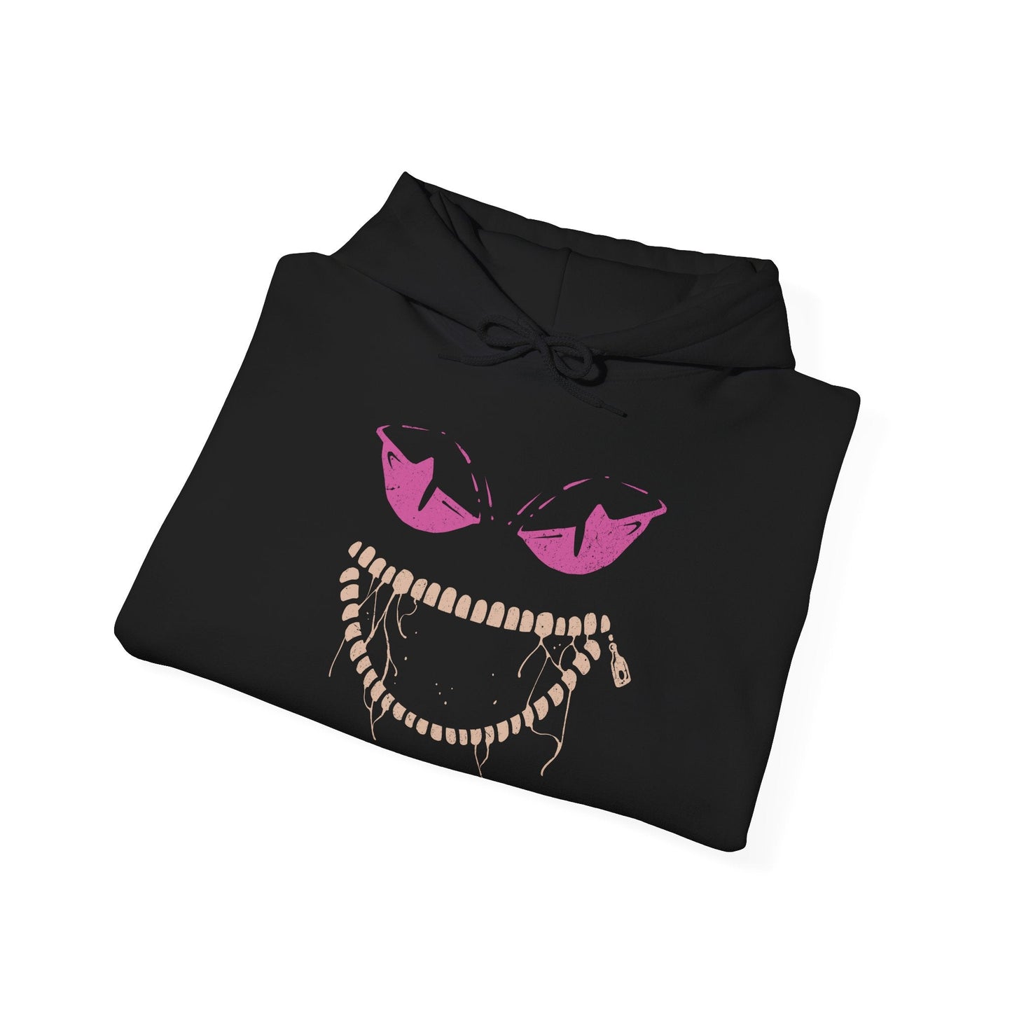 Image 6 of a Hooded Sweatshirt of Mega Banette floating against a stormy night sky, zipper jaw opened wide as purple shadow energy bursts outward. Its puppet-like frame twists with amplified curse power, symbolizing the unleashed grudge that defines its Mega form. The composition highlights eerie evolution, spectral aggression, and the darker side of Pokémon’s ghostly transformations.