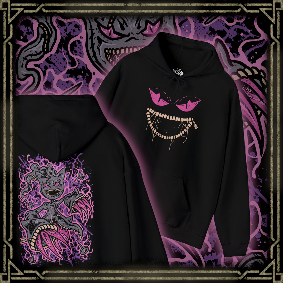 Thumbnail of a Hooded Sweatshirt of Mega Banette floating against a stormy night sky, zipper jaw opened wide as purple shadow energy bursts outward. Its puppet-like frame twists with amplified curse power, symbolizing the unleashed grudge that defines its Mega form. The composition highlights eerie evolution, spectral aggression, and the darker side of Pokémon’s ghostly transformations.
