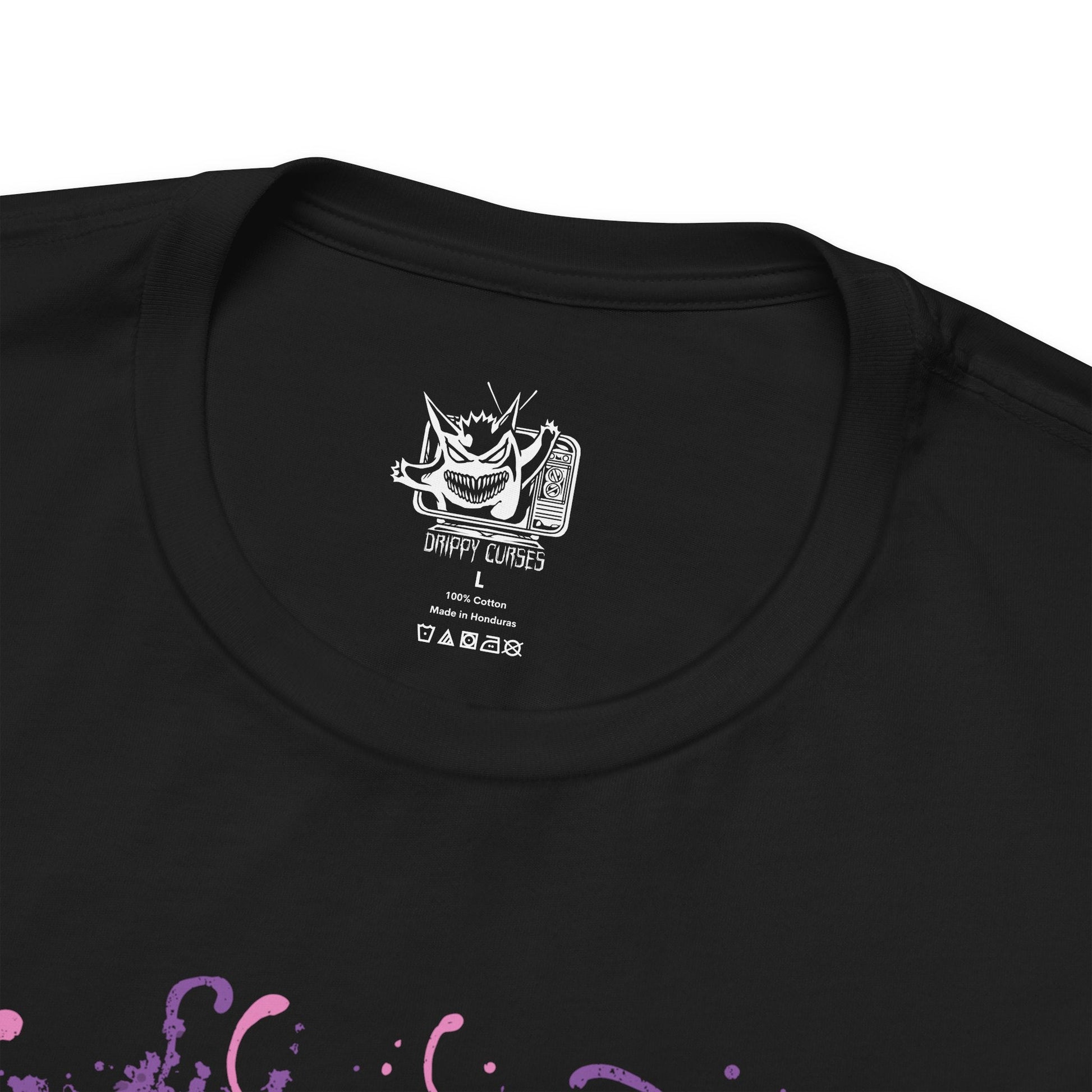 Folded T-shirt design of Mega Banette from Pokémon, emerging from torn shadows with its zipper mouth split open and glowing crimson eyes fixed forward. Jagged yellow energy crackles around its possessed doll body as spectral claws extend outward. The design captures the vengeful spirit sealed within Banette’s Mega Evolution, embodying curse energy, resentment, and ghost-type menace.