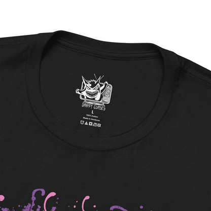 Folded T-shirt design of Mega Banette from Pokémon, emerging from torn shadows with its zipper mouth split open and glowing crimson eyes fixed forward. Jagged yellow energy crackles around its possessed doll body as spectral claws extend outward. The design captures the vengeful spirit sealed within Banette’s Mega Evolution, embodying curse energy, resentment, and ghost-type menace.