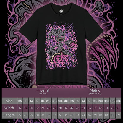 Size chart of a T-shirt design of Mega Banette from Pokémon, emerging from torn shadows with its zipper mouth split open and glowing crimson eyes fixed forward. Jagged yellow energy crackles around its possessed doll body as spectral claws extend outward. The design captures the vengeful spirit sealed within Banette’s Mega Evolution, embodying curse energy, resentment, and ghost-type menace.