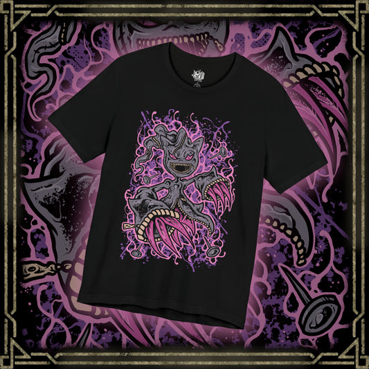 Thumbnail of a T-shirt design of Mega Banette from Pokémon, emerging from torn shadows with its zipper mouth split open and glowing crimson eyes fixed forward. Jagged yellow energy crackles around its possessed doll body as spectral claws extend outward. The design captures the vengeful spirit sealed within Banette’s Mega Evolution, embodying curse energy, resentment, and ghost-type menace.