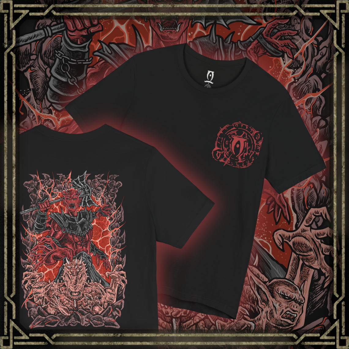 Thumbnail of a Oblivion T-shirt of Mehrunes Dagon emerging through a blazing Oblivion Gate, surrounded by twisting stone spires, searing flames, and volcanic ash. His massive horned silhouette radiates Daedric fury as the Mythic Dawn’s ritual breach unleashes the Deadlands upon Cyrodiil, marking the return of an apocalyptic Daedric Prince.