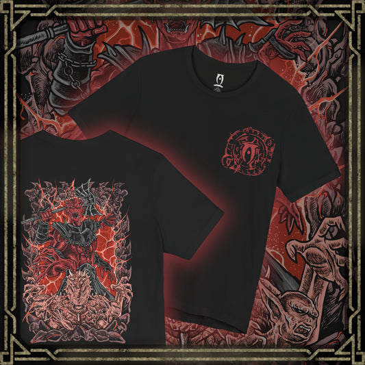 Thumbnail of a Oblivion T-shirt of Mehrunes Dagon emerging through a blazing Oblivion Gate, surrounded by twisting stone spires, searing flames, and volcanic ash. His massive horned silhouette radiates Daedric fury as the Mythic Dawn’s ritual breach unleashes the Deadlands upon Cyrodiil, marking the return of an apocalyptic Daedric Prince.