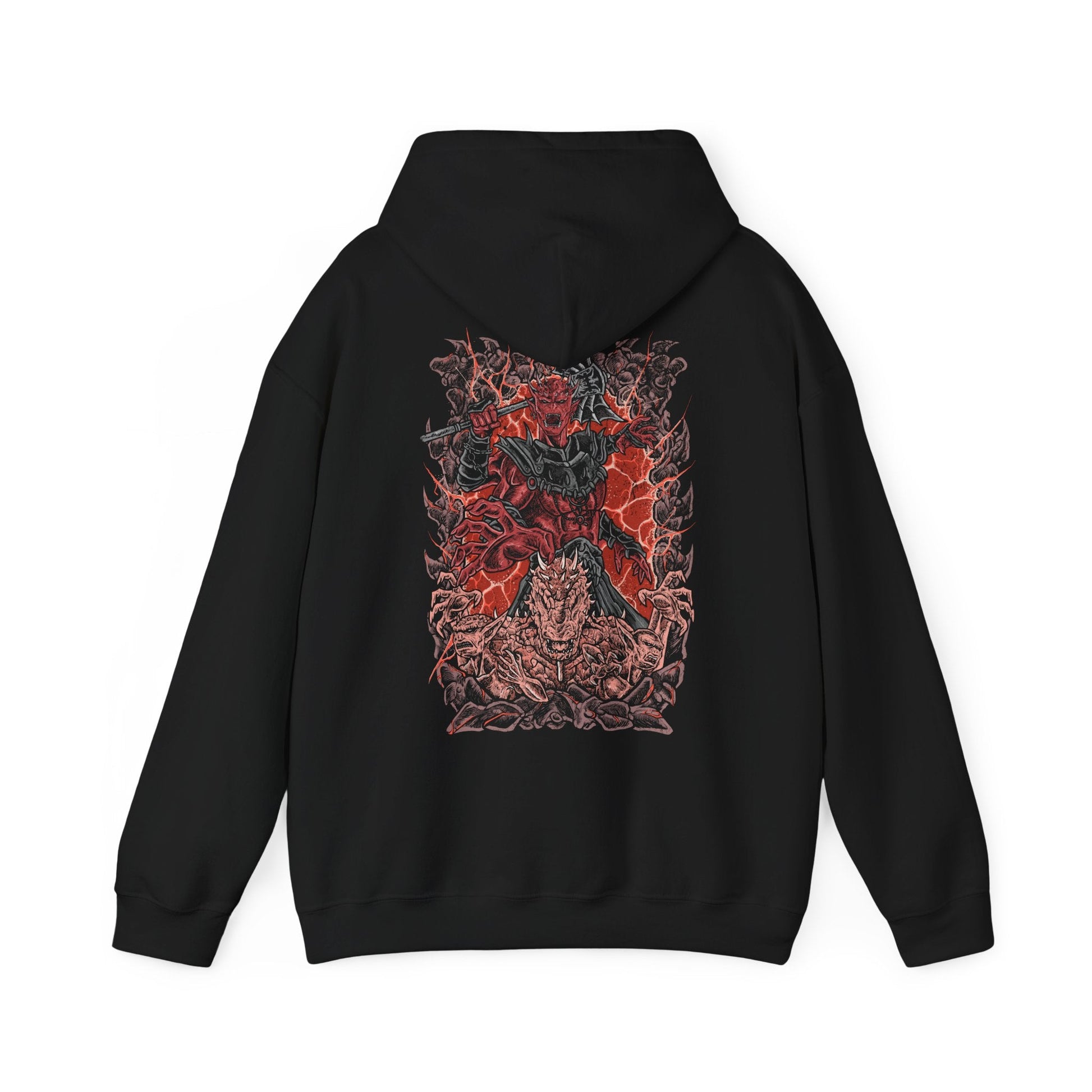 Image 5 of a Hooded Sweatshirt inspired by Mehrunes Dagon from The Elder Scrolls IV: Oblivion, stepping from a molten Oblivion Gate, his towering Daedric armor glowing with embers as firestorms swirl around him. Jagged rocks and infernal light mark the Mythic Dawn’s ritual success, opening a catastrophic portal that lets the Prince of Destruction invade Cyrodiil with unstoppable force.