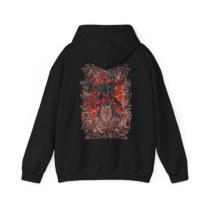 Image 5 of a Hooded Sweatshirt inspired by Mehrunes Dagon from The Elder Scrolls IV: Oblivion, stepping from a molten Oblivion Gate, his towering Daedric armor glowing with embers as firestorms swirl around him. Jagged rocks and infernal light mark the Mythic Dawn’s ritual success, opening a catastrophic portal that lets the Prince of Destruction invade Cyrodiil with unstoppable force.