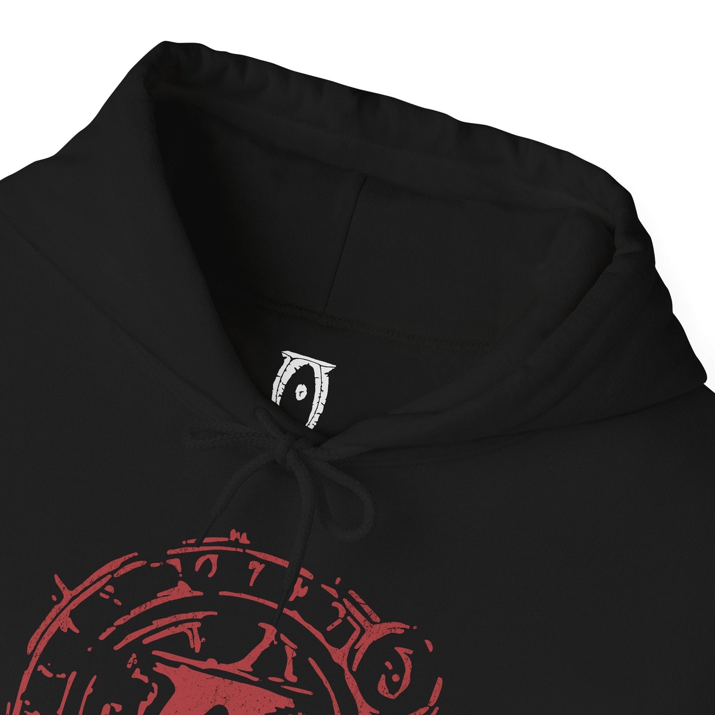 Folded Hooded Sweatshirt inspired by Mehrunes Dagon from The Elder Scrolls IV: Oblivion, stepping from a molten Oblivion Gate, his towering Daedric armor glowing with embers as firestorms swirl around him. Jagged rocks and infernal light mark the Mythic Dawn’s ritual success, opening a catastrophic portal that lets the Prince of Destruction invade Cyrodiil with unstoppable force.
