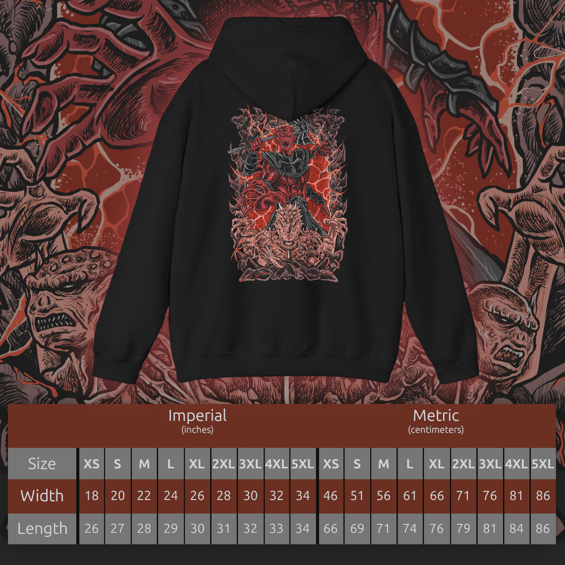 Size chart of a Hooded Sweatshirt inspired by Mehrunes Dagon from The Elder Scrolls IV: Oblivion, stepping from a molten Oblivion Gate, his towering Daedric armor glowing with embers as firestorms swirl around him. Jagged rocks and infernal light mark the Mythic Dawn’s ritual success, opening a catastrophic portal that lets the Prince of Destruction invade Cyrodiil with unstoppable force.