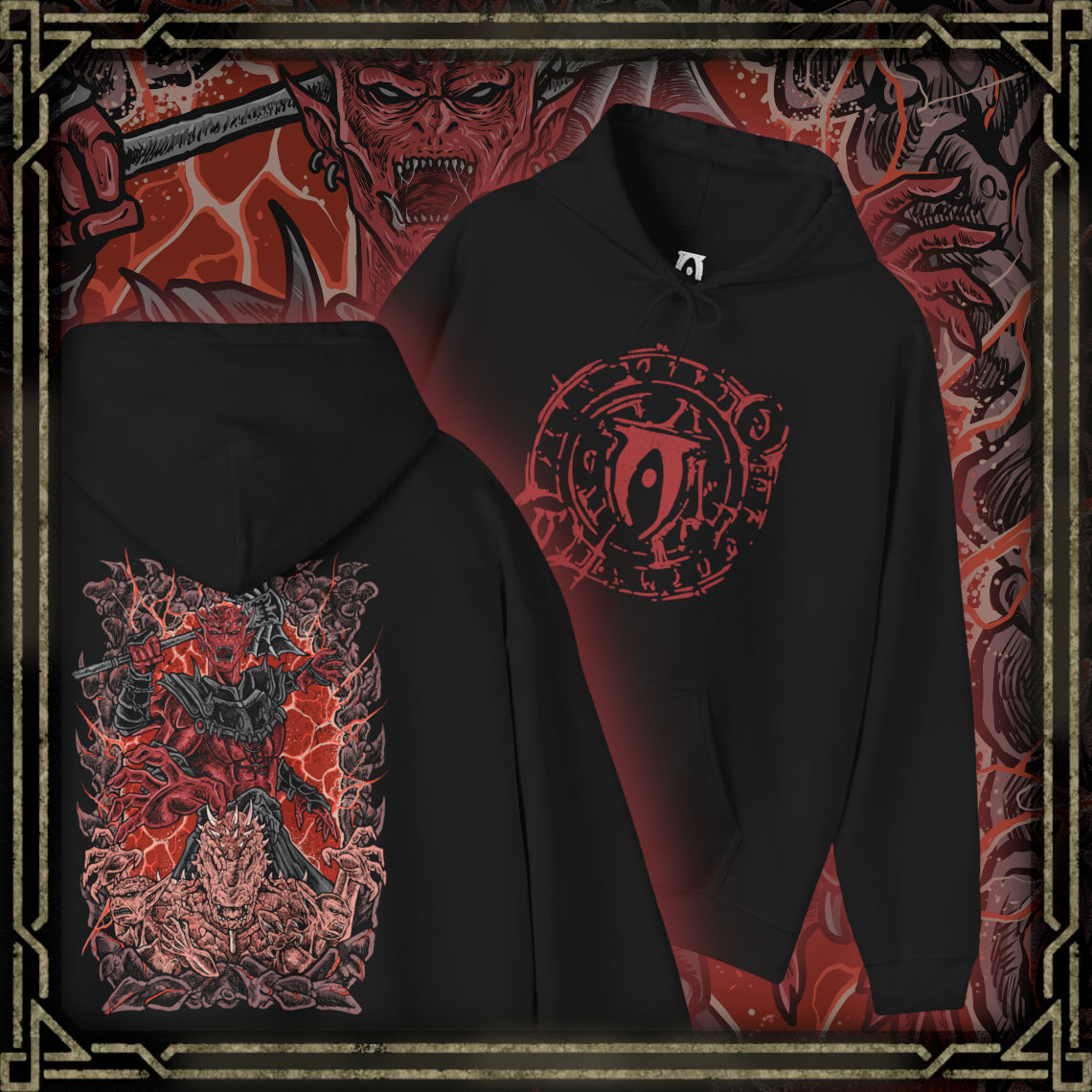 Thumbnail of a Hooded Sweatshirt inspired by Mehrunes Dagon from The Elder Scrolls IV: Oblivion, stepping from a molten Oblivion Gate, his towering Daedric armor glowing with embers as firestorms swirl around him. Jagged rocks and infernal light mark the Mythic Dawn’s ritual success, opening a catastrophic portal that lets the Prince of Destruction invade Cyrodiil with unstoppable force.