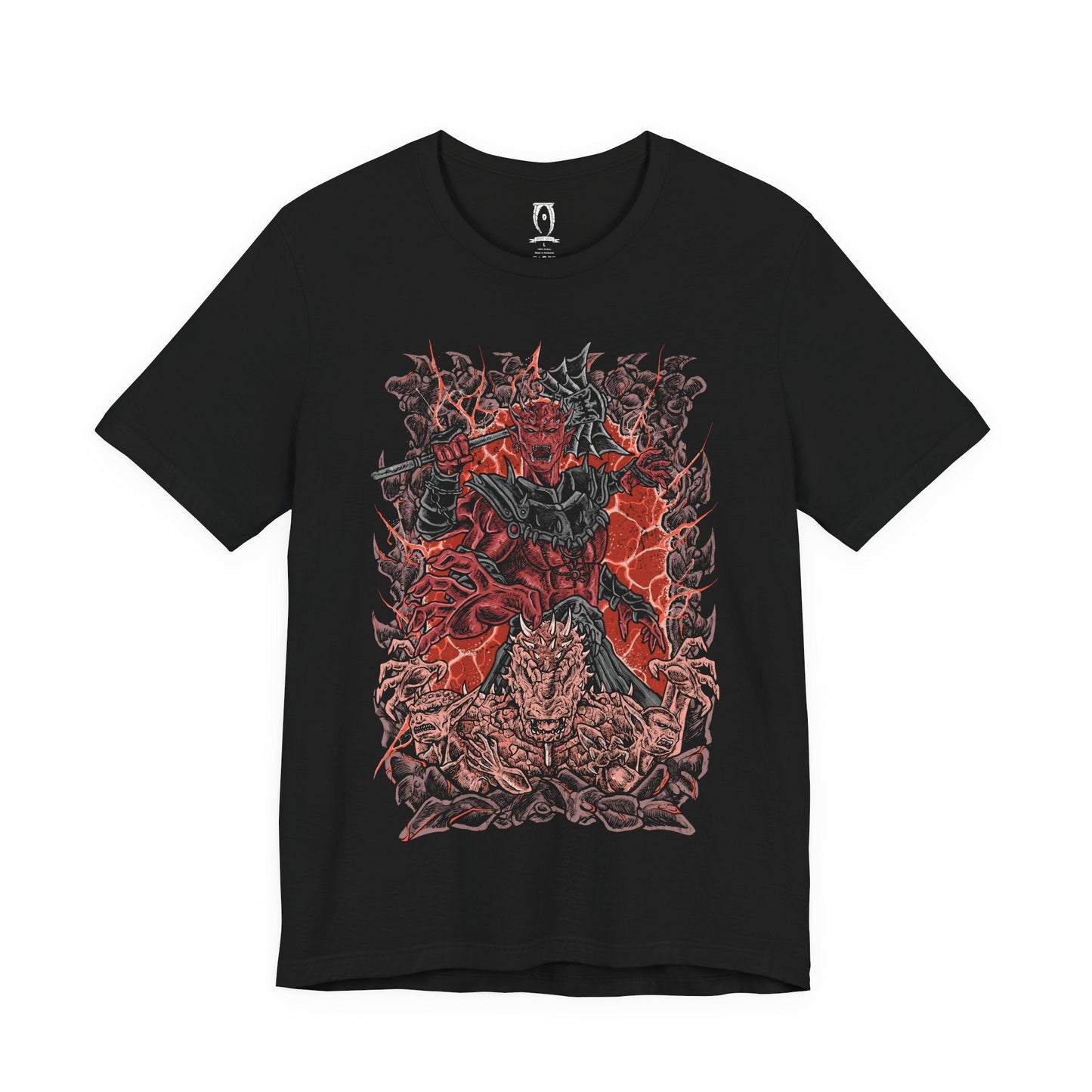 Image 4 of a T-shirt design of Mehrunes Dagon erupting from a towering Oblivion Gate, wreathed in infernal fire and molten stone. His four-armed Daedric form looms above Cyrodiil, armored plates glowing with helllight as the Mythic Dawn’s catastrophic ritual tears reality apart and floods the world with Oblivion’s wrath.