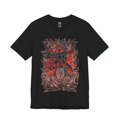 Image 4 of a T-shirt design of Mehrunes Dagon erupting from a towering Oblivion Gate, wreathed in infernal fire and molten stone. His four-armed Daedric form looms above Cyrodiil, armored plates glowing with helllight as the Mythic Dawn’s catastrophic ritual tears reality apart and floods the world with Oblivion’s wrath.