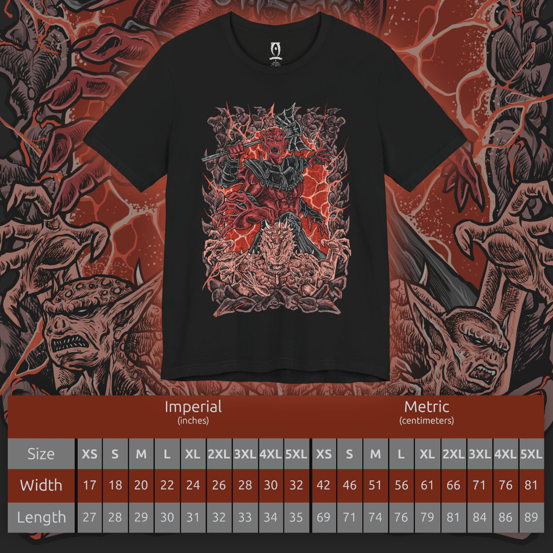 Size chart of a T-shirt design of Mehrunes Dagon erupting from a towering Oblivion Gate, wreathed in infernal fire and molten stone. His four-armed Daedric form looms above Cyrodiil, armored plates glowing with helllight as the Mythic Dawn’s catastrophic ritual tears reality apart and floods the world with Oblivion’s wrath.