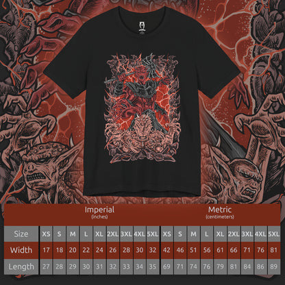Size chart of a T-shirt design of Mehrunes Dagon erupting from a towering Oblivion Gate, wreathed in infernal fire and molten stone. His four-armed Daedric form looms above Cyrodiil, armored plates glowing with helllight as the Mythic Dawn’s catastrophic ritual tears reality apart and floods the world with Oblivion’s wrath.