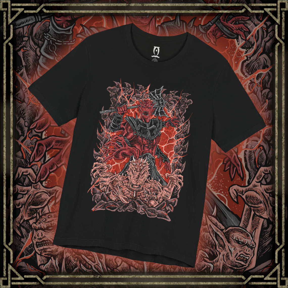 Thumbnail of a T-shirt design of Mehrunes Dagon erupting from a towering Oblivion Gate, wreathed in infernal fire and molten stone. His four-armed Daedric form looms above Cyrodiil, armored plates glowing with helllight as the Mythic Dawn’s catastrophic ritual tears reality apart and floods the world with Oblivion’s wrath.