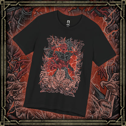 Thumbnail of a T-shirt design of Mehrunes Dagon erupting from a towering Oblivion Gate, wreathed in infernal fire and molten stone. His four-armed Daedric form looms above Cyrodiil, armored plates glowing with helllight as the Mythic Dawn’s catastrophic ritual tears reality apart and floods the world with Oblivion’s wrath.