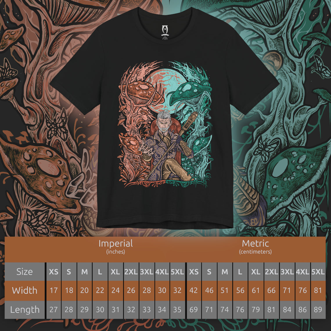 Size chart of a Oblivion T-shirt artwork of Sheogorath standing over the Shivering Isles, split between radiant Mania and decayed Dementia, symbolizing his fractured dominion. His staff crackles with Daedric power as he commands madness, creativity, and despair, luring mortals into his realm to serve as champions, fools, and victims of his divine unpredictability.