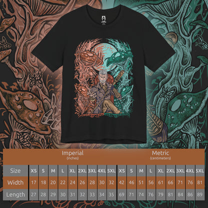 Size chart of a Oblivion T-shirt artwork of Sheogorath standing over the Shivering Isles, split between radiant Mania and decayed Dementia, symbolizing his fractured dominion. His staff crackles with Daedric power as he commands madness, creativity, and despair, luring mortals into his realm to serve as champions, fools, and victims of his divine unpredictability.