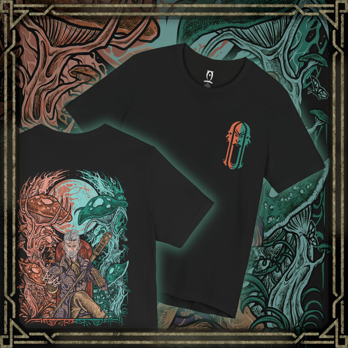 Thumbnail of a Oblivion T-shirt artwork of Sheogorath standing over the Shivering Isles, split between radiant Mania and decayed Dementia, symbolizing his fractured dominion. His staff crackles with Daedric power as he commands madness, creativity, and despair, luring mortals into his realm to serve as champions, fools, and victims of his divine unpredictability.