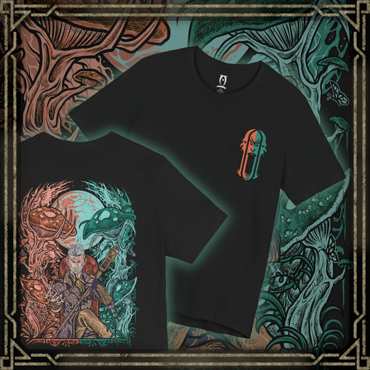 Thumbnail of a Oblivion T-shirt artwork of Sheogorath standing over the Shivering Isles, split between radiant Mania and decayed Dementia, symbolizing his fractured dominion. His staff crackles with Daedric power as he commands madness, creativity, and despair, luring mortals into his realm to serve as champions, fools, and victims of his divine unpredictability.