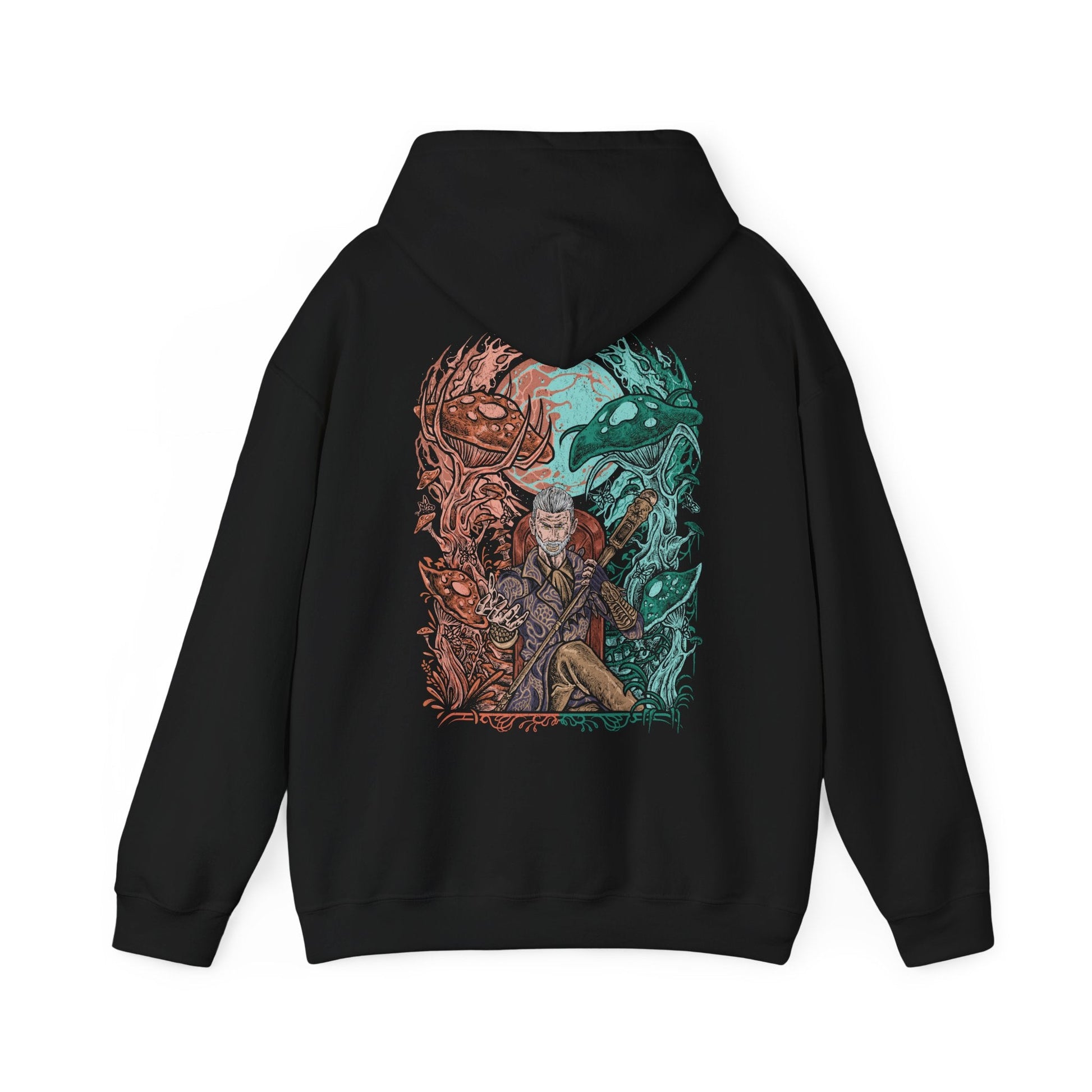 Image 5 of a Hooded Sweatshirt of Sheogorath surrounded by surreal landscapes of the Shivering Isles, where twisted fungi, jagged stone, and dreamlike colors reflect his madness. His sinister smile and violent elegance show a Daedric Prince who thrives on chaos, manipulating fate and mortal minds in a realm sculpted entirely by insanity and imagination.