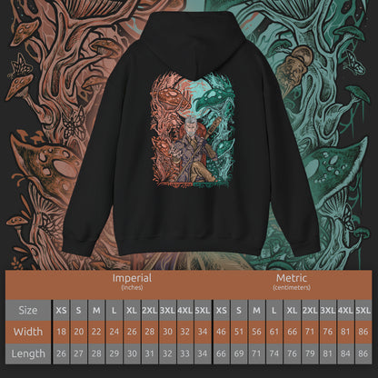 Size chart of a Hooded Sweatshirt of Sheogorath surrounded by surreal landscapes of the Shivering Isles, where twisted fungi, jagged stone, and dreamlike colors reflect his madness. His sinister smile and violent elegance show a Daedric Prince who thrives on chaos, manipulating fate and mortal minds in a realm sculpted entirely by insanity and imagination.