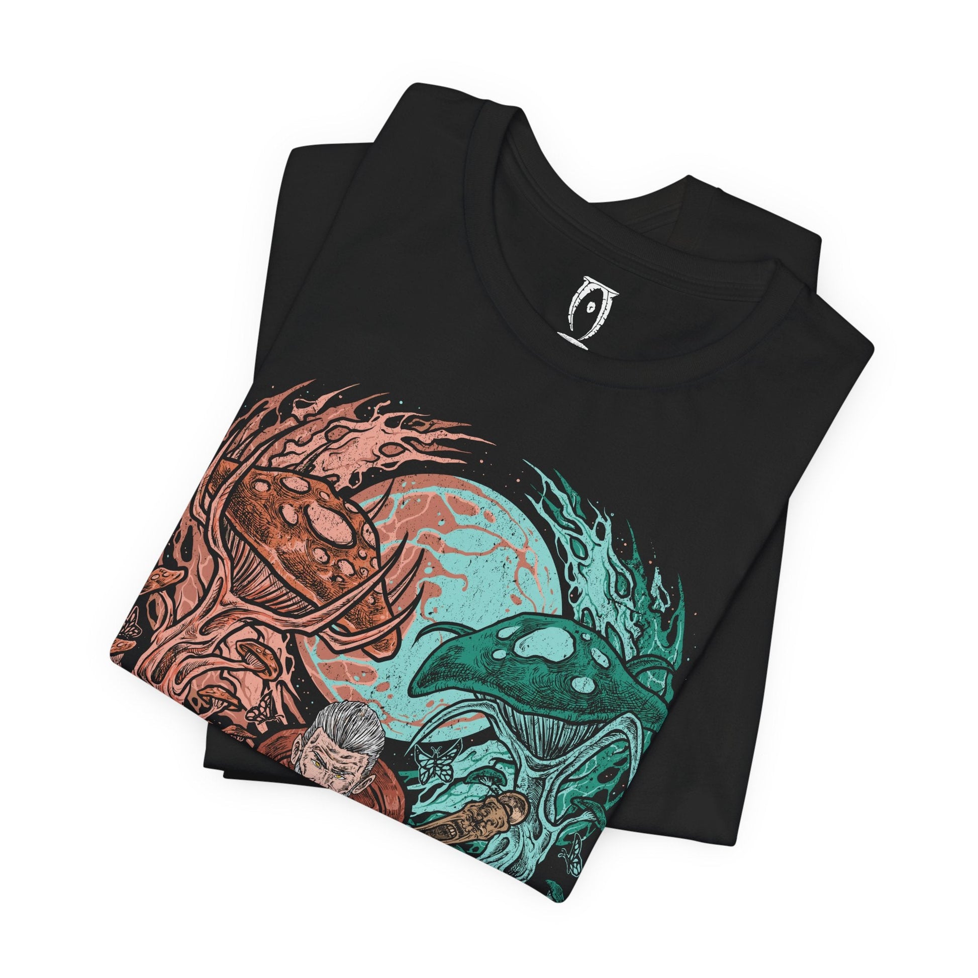 Folded T-shirt design of Sheogorath, the Mad God of the Shivering Isles, seated upon his throne as chaotic energies swirl around him. His eccentric attire and manic grin embody the unpredictable nature of Mania and Dementia, the twin realms he rules with cruel humor and cosmic whimsy, shaping mortals through madness and transformation.