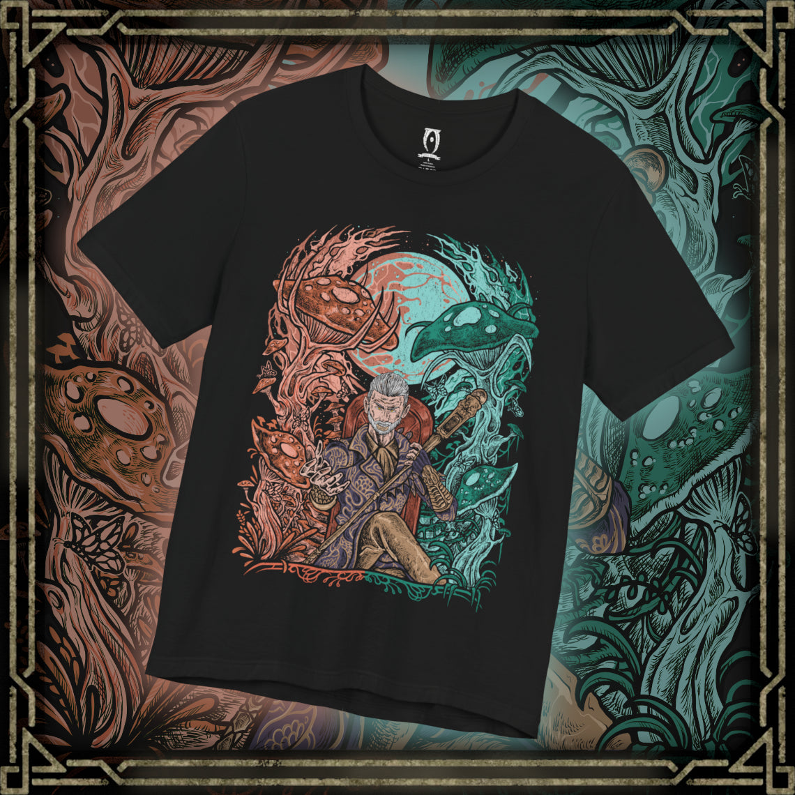 Thumbnail of a T-shirt design of Sheogorath, the Mad God of the Shivering Isles, seated upon his throne as chaotic energies swirl around him. His eccentric attire and manic grin embody the unpredictable nature of Mania and Dementia, the twin realms he rules with cruel humor and cosmic whimsy, shaping mortals through madness and transformation.